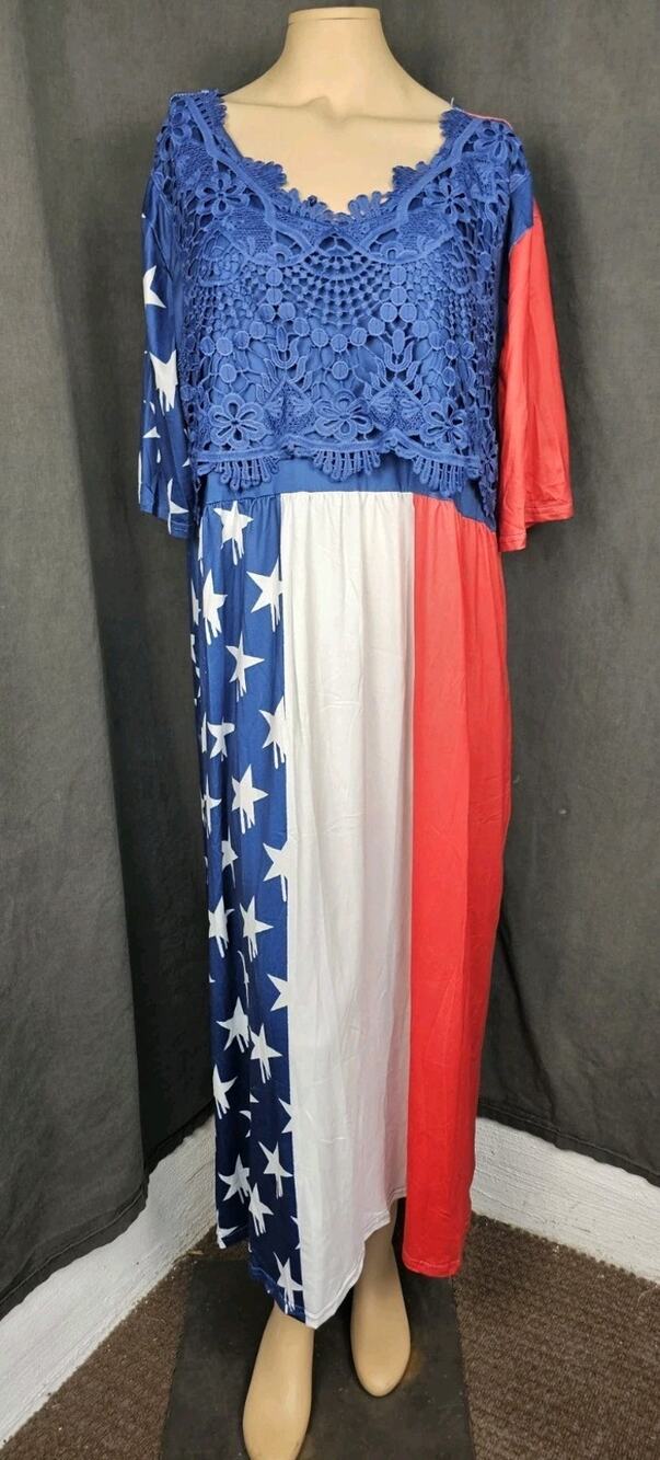 Patriotic USA Flag Maxi Dress Plus 3XL Crochet Lace 4th July Star Stripe Festive